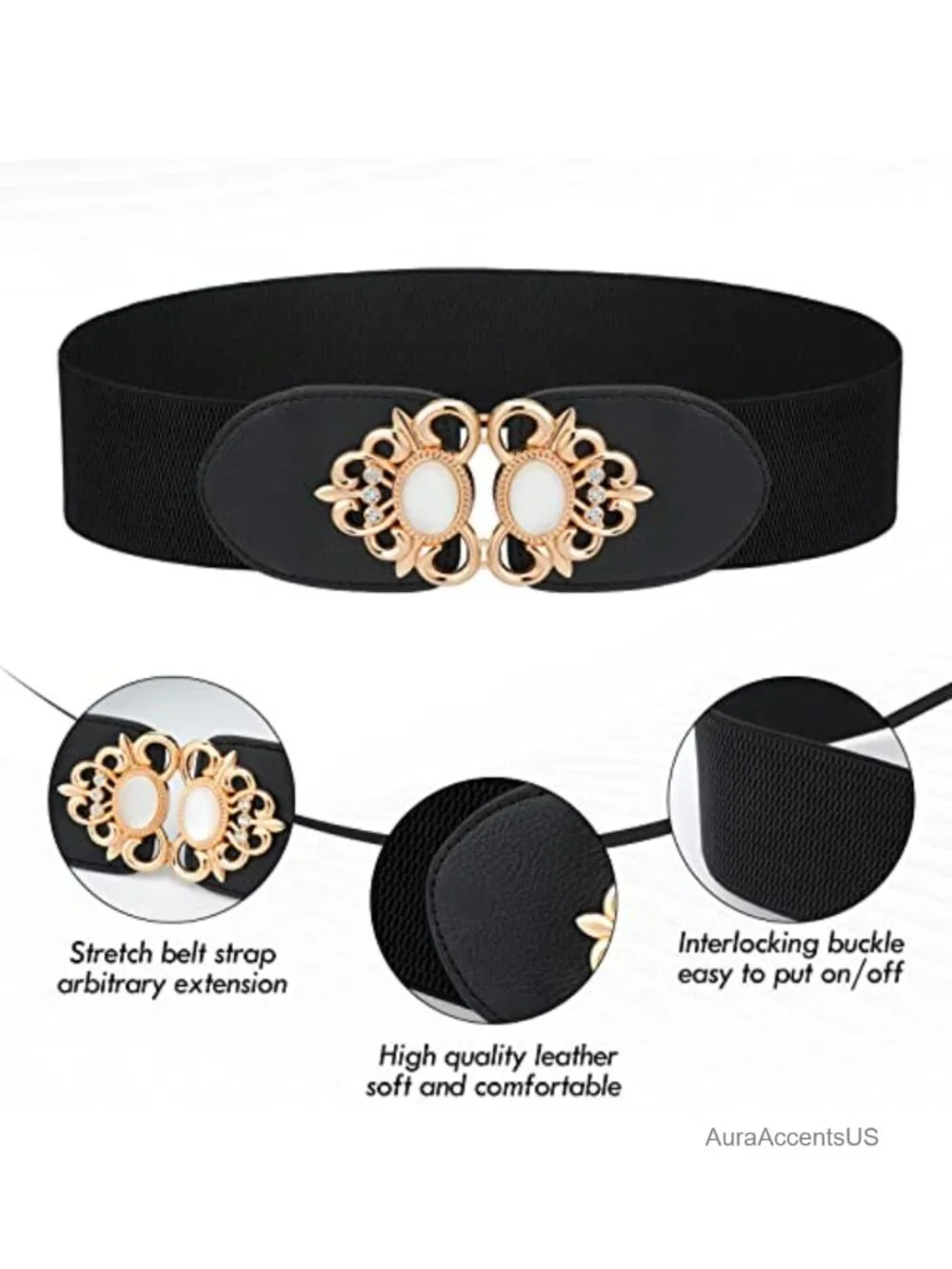 4 Stretchy Plus Size Waist Belts with Elastic Band Faux Leather Metal Buckle